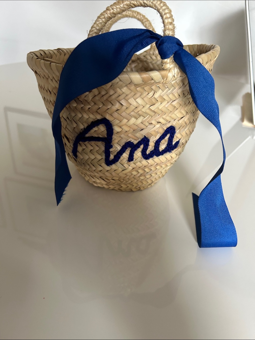 Personalized Kids  small Straw Basket with Blue Ribbon - Ana